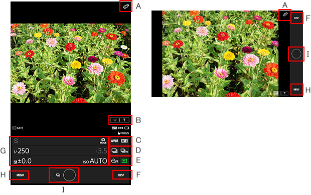 The screens which will be displayed when you operate the app on your smartphone are located. Two screens are shown; horizontal and vertical. Each item on the screens is marked from A to I in order from the upper right. Refer to the following for details.