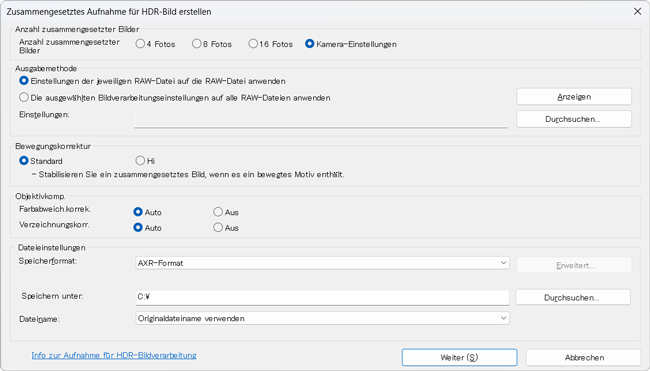 Dialogfeld für Einstellungen zur Erstellung zusammengesetzter Bilder
