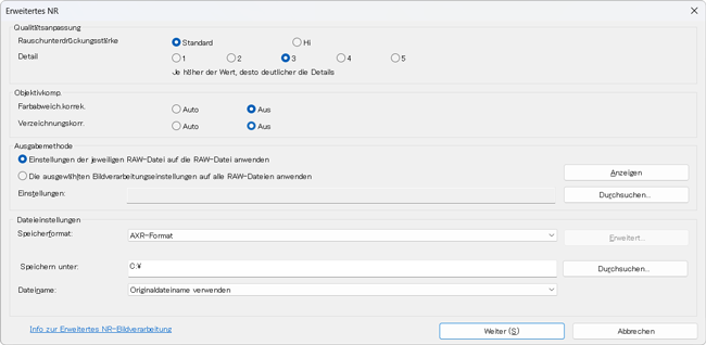 Dialogfeld der Einstellungen für Erweiterte RAW-Verarbeitung