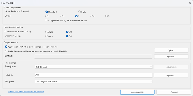 Extended RAW Processing settings dialog box