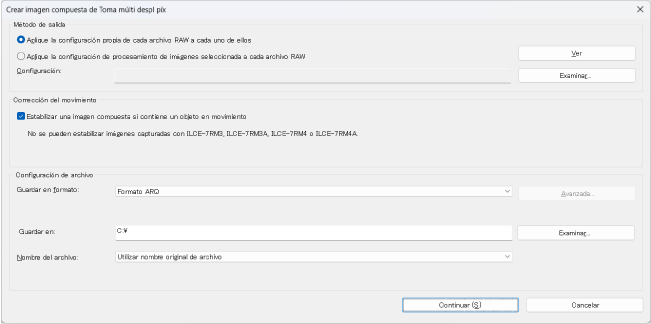 Cuadro de diálogo para Configurar la Creación de Imágenes Compuestas