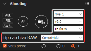 Panel de toma. Las opciones de ampliación del rango dinámico, compensación de la exposición, número de tomas y tipo de archivo RAW están resaltadas.