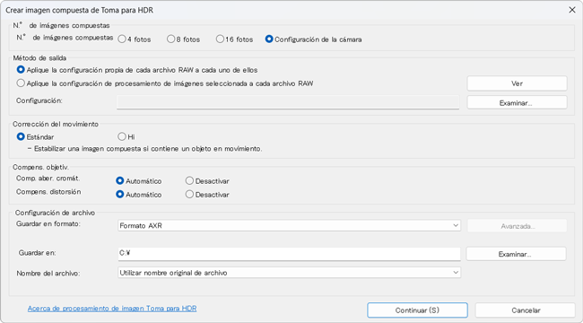 Cuadro de diálogo para Configurar la Creación de Imágenes Compuestas