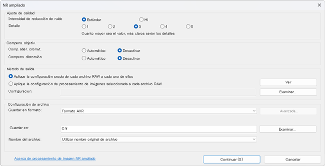 Cuadro de diálogo de configuración de Procesamiento RAW ampliado