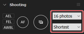 Panneau de prise de vue. Le nombre de photos et les options d’intervalle de prise de vue sont mis en surbrillance.