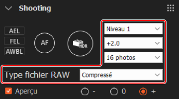 Panneau de prise de vue. Les options d’extension de la plage dynamique, de compensation d’exposition, de nombre de prises de vue et de type de fichier RAW sont mises en surbrillance.