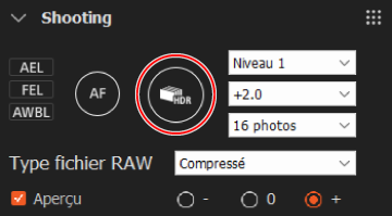 Panneau de prise de vue. Le bouton déclencheur est mis en surbrillance.