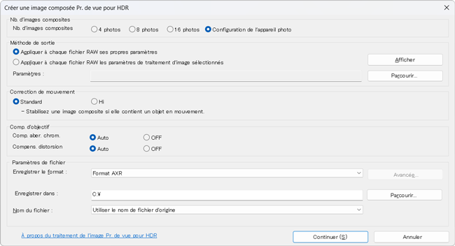 Boîte de dialogue Paramètres pour la création d'images composées