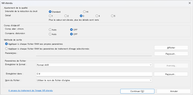 Boîte de dialogue des paramètres de traitement RAW étendu