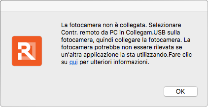La fotocamera non è collegata. Selezionare Contr. remoto da PC in Collegam.USB sulla fotocamera, quindi collegare la fotocamera.