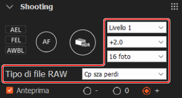 Pannello di ripresa. Le opzioni per l'espansione della gamma dinamica, la compensazione dell'esposizione, il numero di scatti e il tipo di file RAW sono evidenziate.