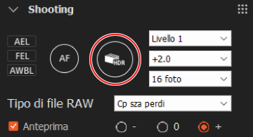 Pannello di ripresa. Il pulsante di scatto è evidenziato.