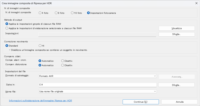 Finestra di dialogo Impostazioni per la creazione di immagini composite