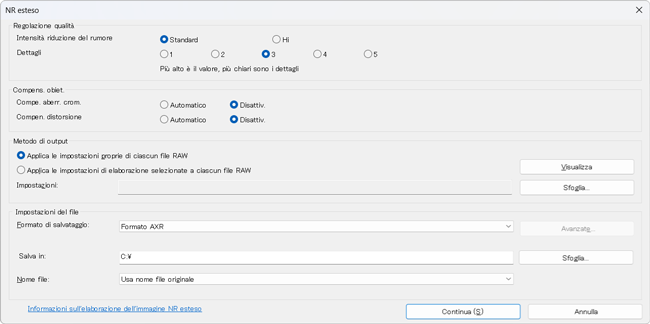 Finestra di dialogo delle impostazioni di Elaborazione RAW estesa