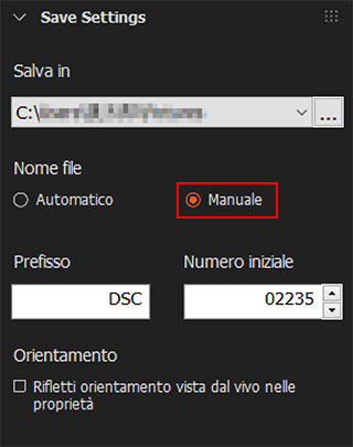 Pannello di impostazione della cartella di salvataggio