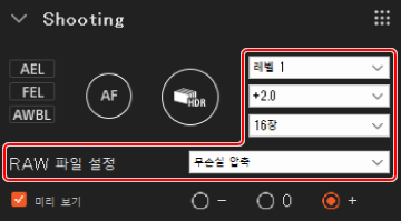 촬영 패널. 다이내믹 레인지 확장, 노출 보정, 촬영 매수 및 RAW 파일 형식에 대한 옵션이 강조 표시됩니다.