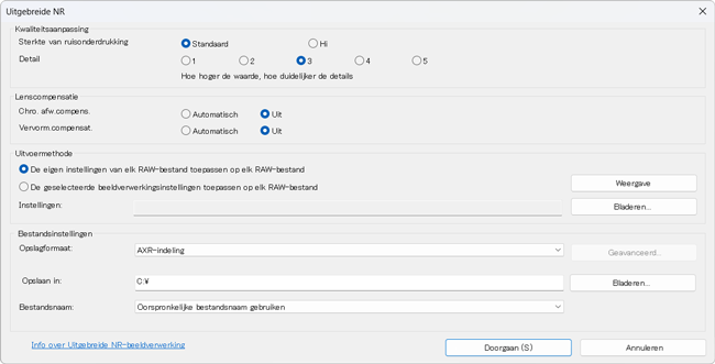 Dialoogvenster met instellingen voor Uitgebreide RAW-verwerking