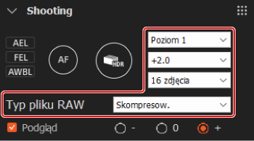 Panel rejestrowania obrazu. Opcje dotyczące poszerzenia zakresu dynamicznego, kompensacji ekspozycji, liczby zdjęć oraz typu pliku RAW są wyróżnione.
