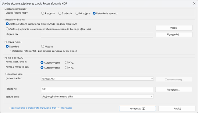 Okno dialogowe Ustawienia tworzenia złożonych zdjęć