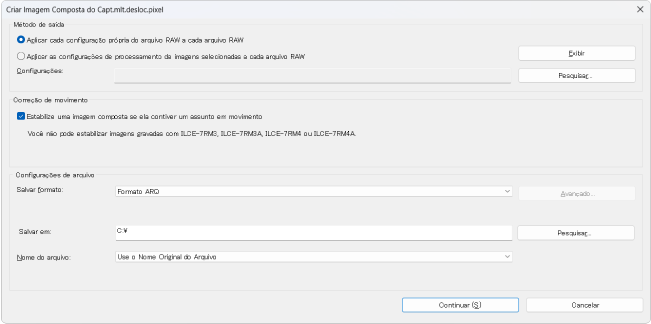 Caixa de diálogo para configurações de Imagem Composta