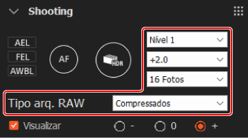 Painel de captura. As opções de expansão dinâmica do alcance, compensação de exposição, número de capturas e tipo de arquivo RAW são destacadas.