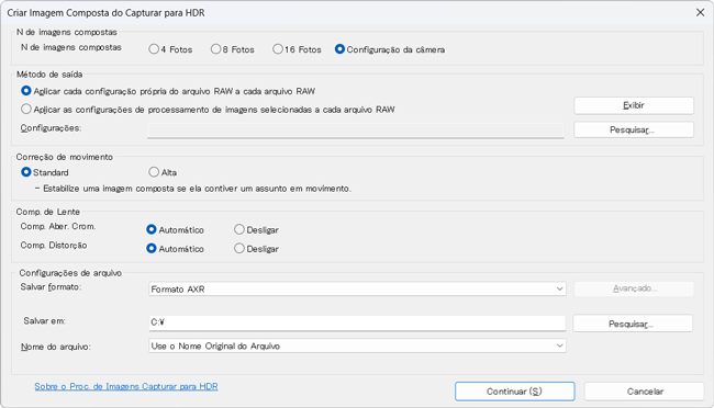 Caixa de diálogo para configurações de Imagem Composta