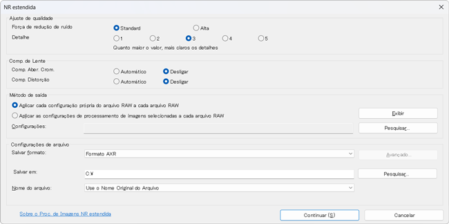 Caixa de diálogo de configurações do Processamento RAW estendido