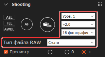 Панель съемки. Опции для расширения динамического диапазона, коррекция экспозиции, количество снимков и тип файла RAW будут выделены.
