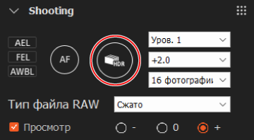 Панель съемки. Кнопка затвора выделена.