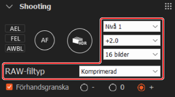 Tagningspanelen. Alternativen för expansion av dynamiskt omfång, exponeringskompensation, antal tagningar och RAW-filtyp är markerade.