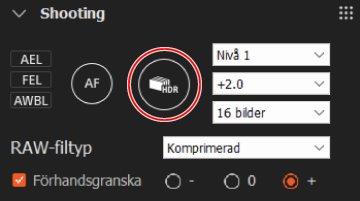 Tagningspanelen. Avtryckarknappen är markerad.