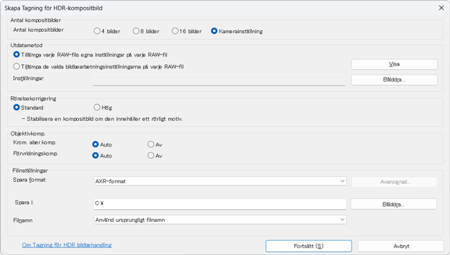 Dialogrutan Inställningar för kompositbildsskapande