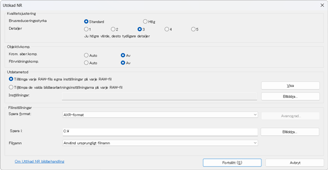 Dialogruta med inställningar för Utökad RAW-bearbetning
