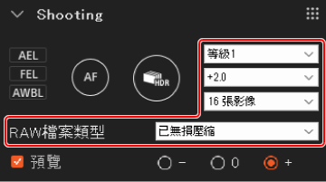 拍攝面板。動態範圍擴展、曝光補償、拍攝張數，以及RAW檔案類型等選項已反白。