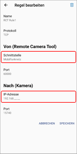 Regelbearbeitungsfenster. Die Elemente Schnittstelle und IP-Adresse sind hervorgehoben.