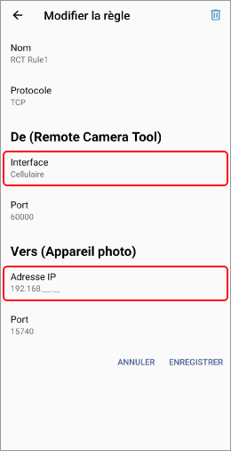 Fenêtre de modification des règles. Les éléments Interface et Adresse IP sont mis en surbrillance.