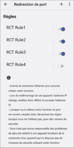 Capture d’écran montrant plusieurs règles de redirection de port activées.