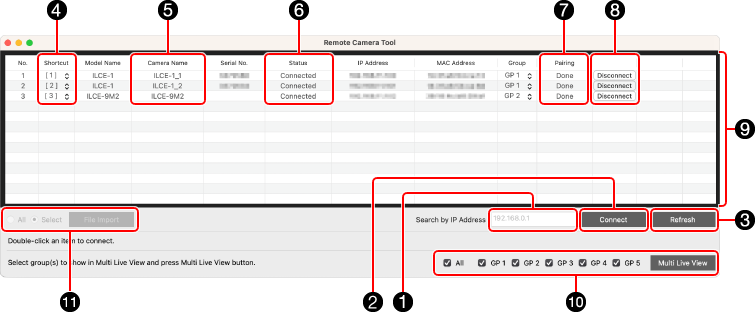 Device Selection Window on a computer. Items are labeled 1 to 11. Refer to the following for details.