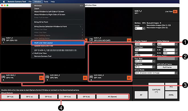 Fenêtre de contrôle de l’appareil photo en mode Multi Live View. Les éléments sont étiquetés de 1 à 4. Reportez-vous aux points suivants pour en savoir plus.