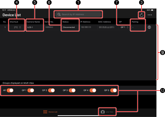 Device Selection Window on an iPad. Items are labeled 1 to 12. Refer to the following for details.