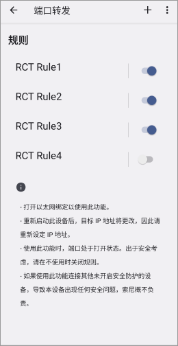 显示已打开多个端口转发规则的屏幕截图。