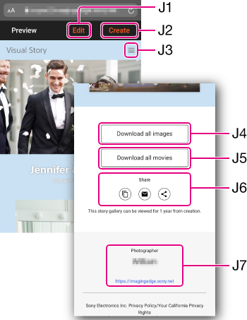 The screen displayed when you operate the app on your smartphone is located. Each item on the screen is marked from J1 to J7. Refer to the following for details.