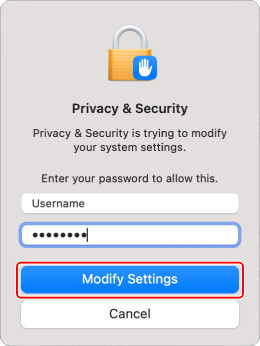 Password input dialog box. The [Modify Settings] button is highlighted.