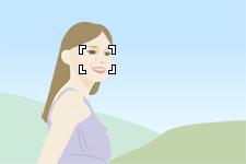 Der Fokussierungsrahmen ist um das Gesicht einer Person angeordnet und die Kamera ist horizontal ausgerichtet.