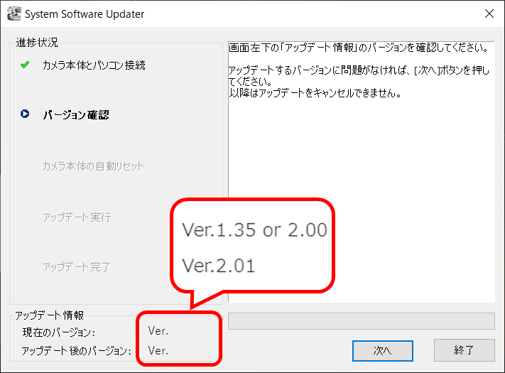アップデートが必要な場合Ver.1.35 or 2.00Ver.2.01