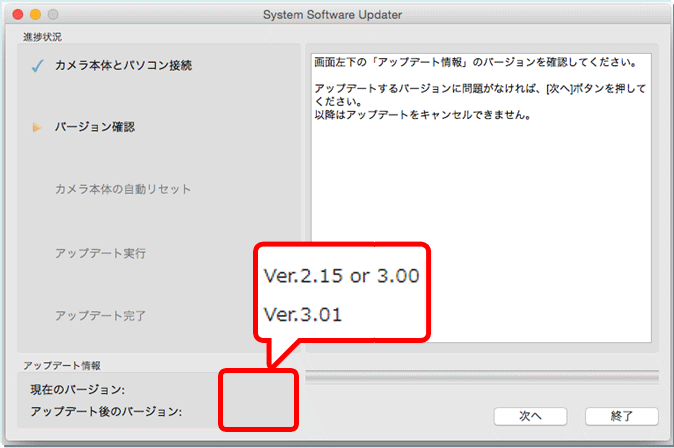 アップデートが必要な場合Ver.2.15 or 3.00Ver.3.01