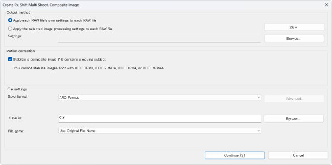 Settings dialog box for creating composite image